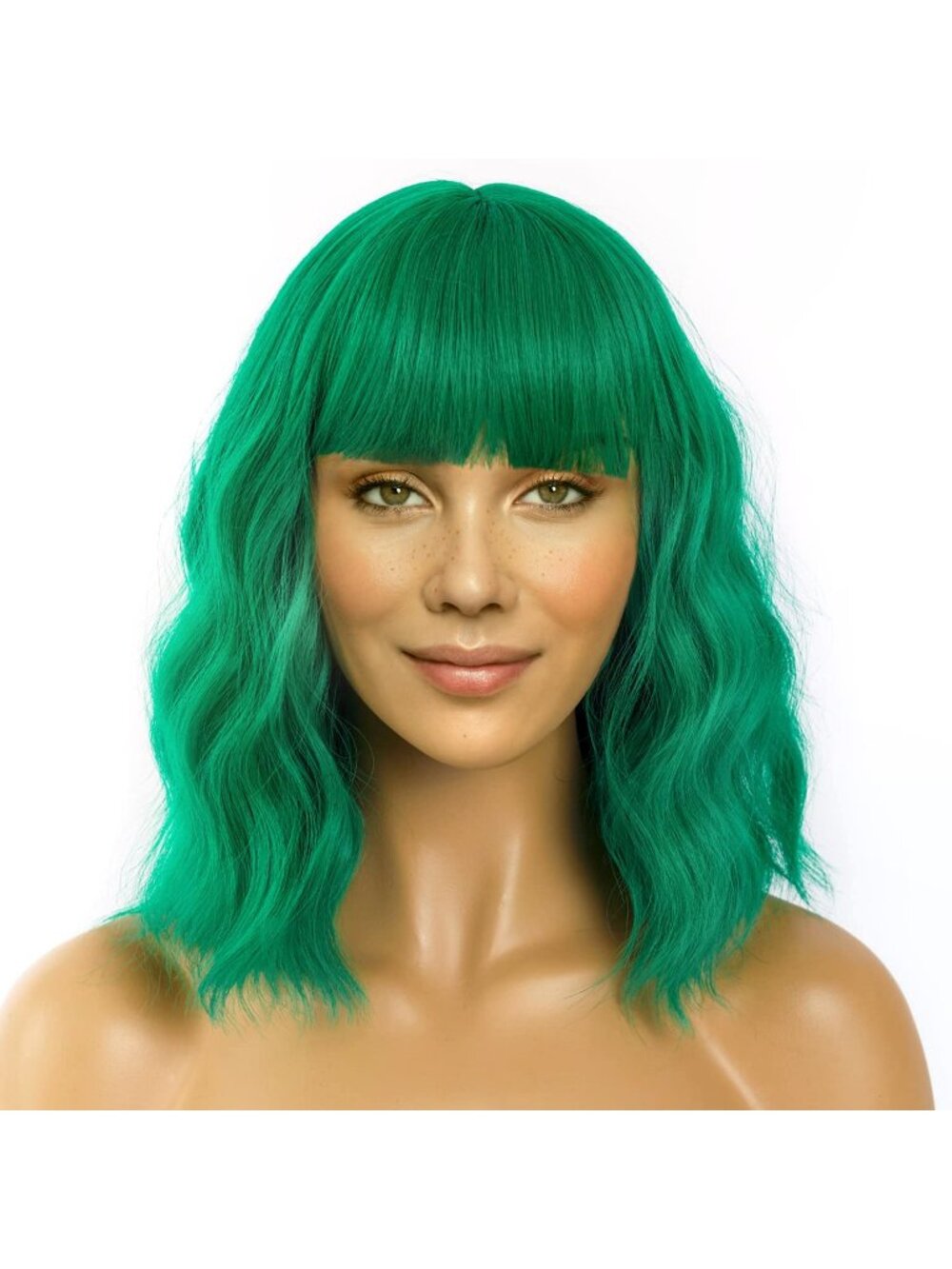 Women's Green 12 Inch Loose Wavy Synthetic Shoulder Length Bob Wig Bangs